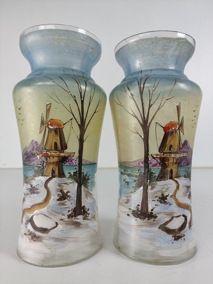 photo for sale Art Deco Antique Hand Painted French Couple Of Vases Glass
