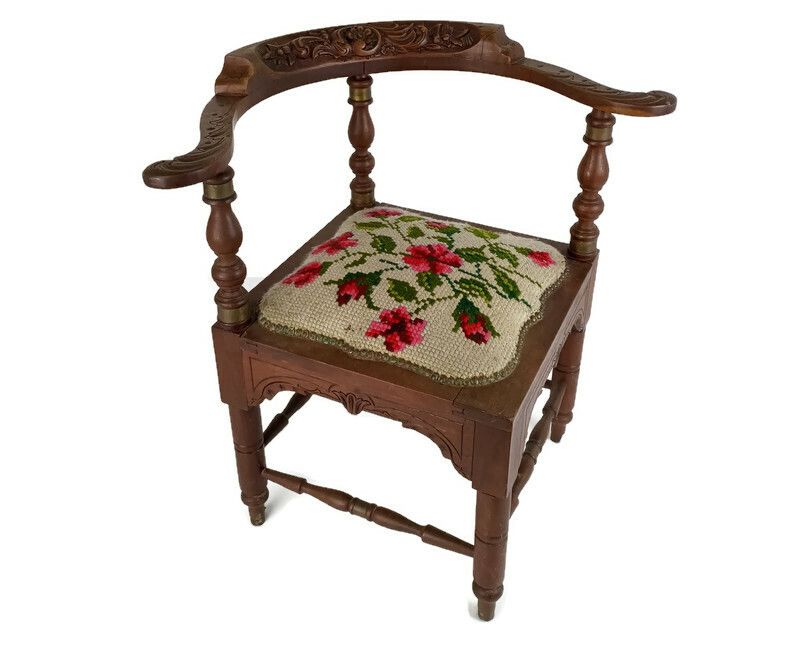 Vintage Hand Carved Wood Wooden Corner Chair Needlepoint Barn Style Farmhouse