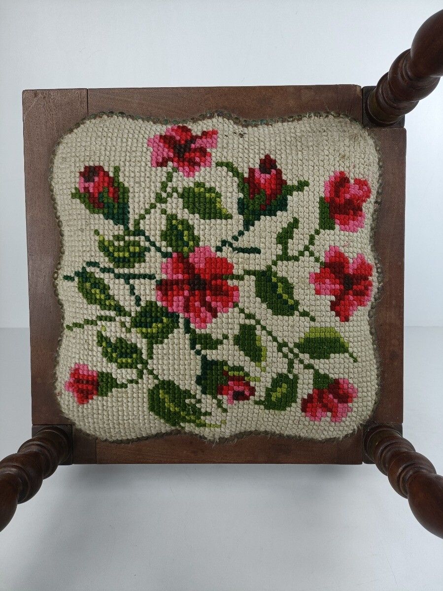 photo for sale Vintage Hand Carved Wood Wooden Corner Chair Needlepoint Barn Style Farmhouse