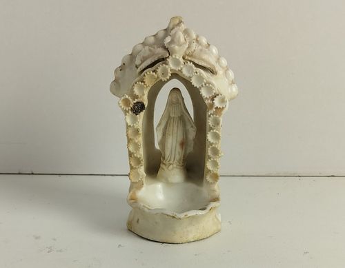 Antique Rare Standing Holy Water Font Vessel Our Lady Madonna Virgin Mary Bisque