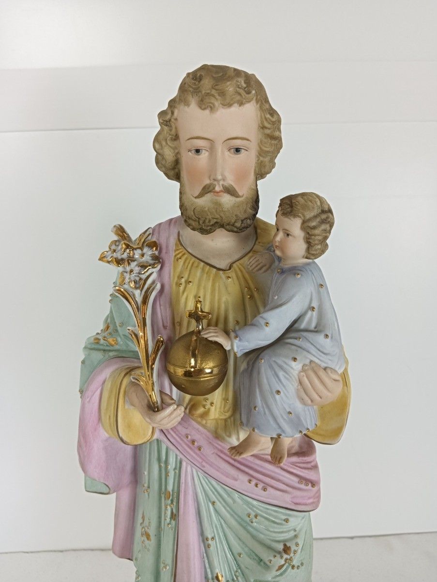 Antique Porcelain Bisque Statue Saint Joseph And Infant Jesus Protector Of Homes photo furniture