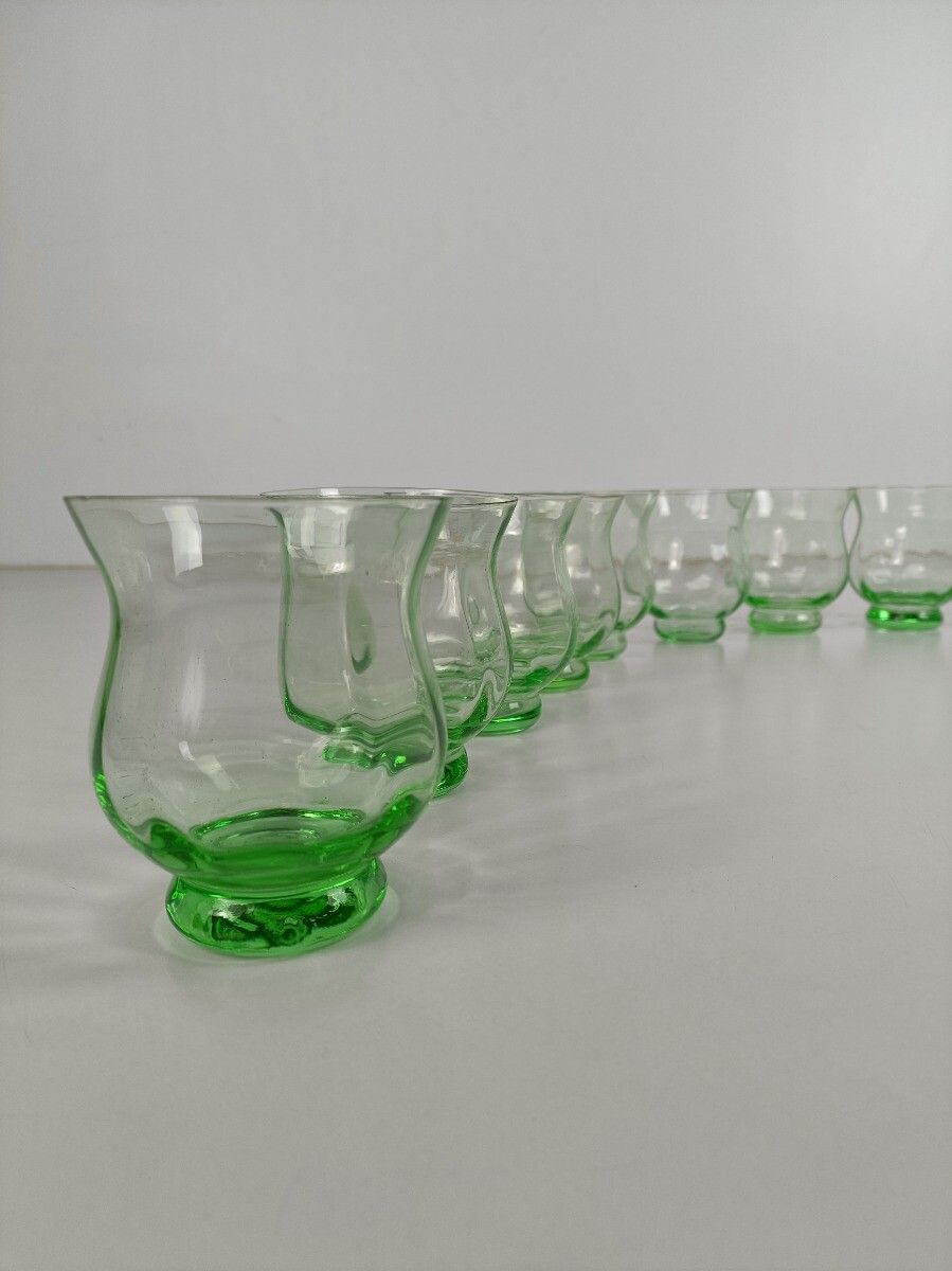 Set Of 9 Antique Green Glass Art Deco Drinking Tumbler Glasses photo furniture