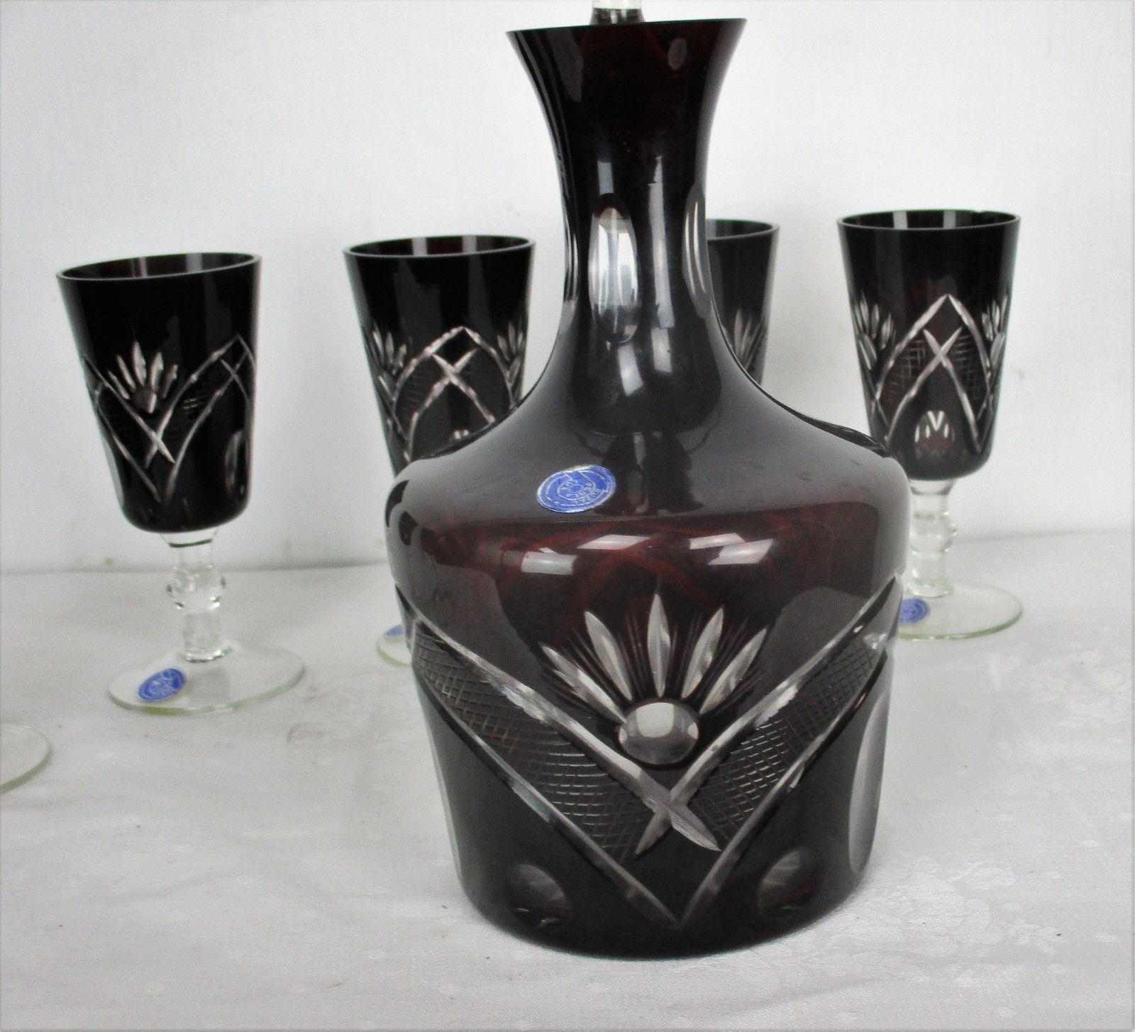 Crystal Decanter Set With 6 Shot Glasses Amethyst Cut To Clear Buzau Perla Lux photo buy
