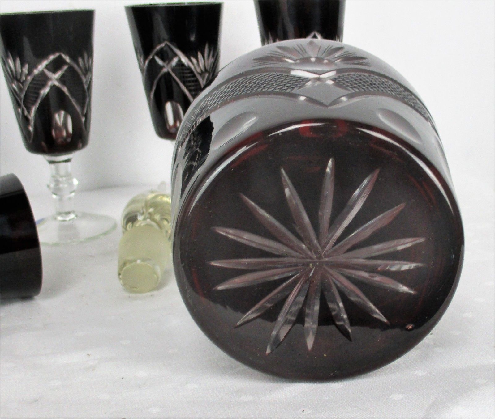 photo for sale Crystal Decanter Set With 6 Shot Glasses Amethyst Cut To Clear Buzau Perla Lux
