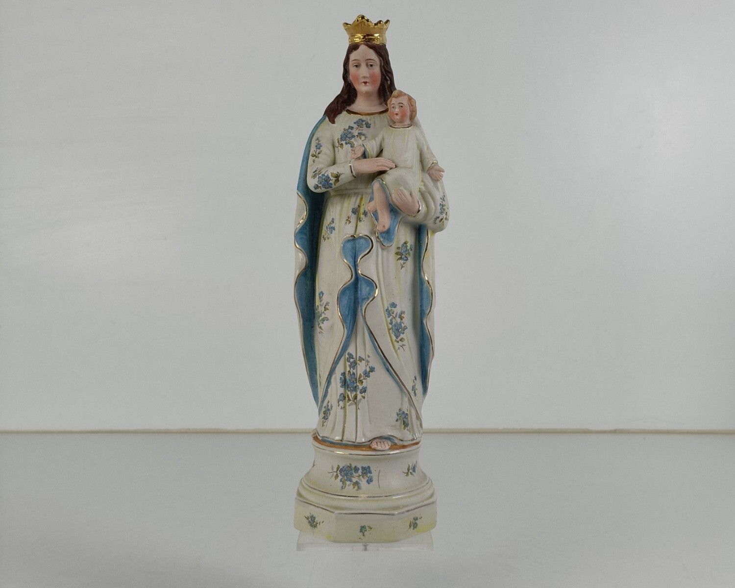 Bisque Porcelain Antique Statue Virgin Mary Madonna With Infant Child Pastel Blu photo furniture