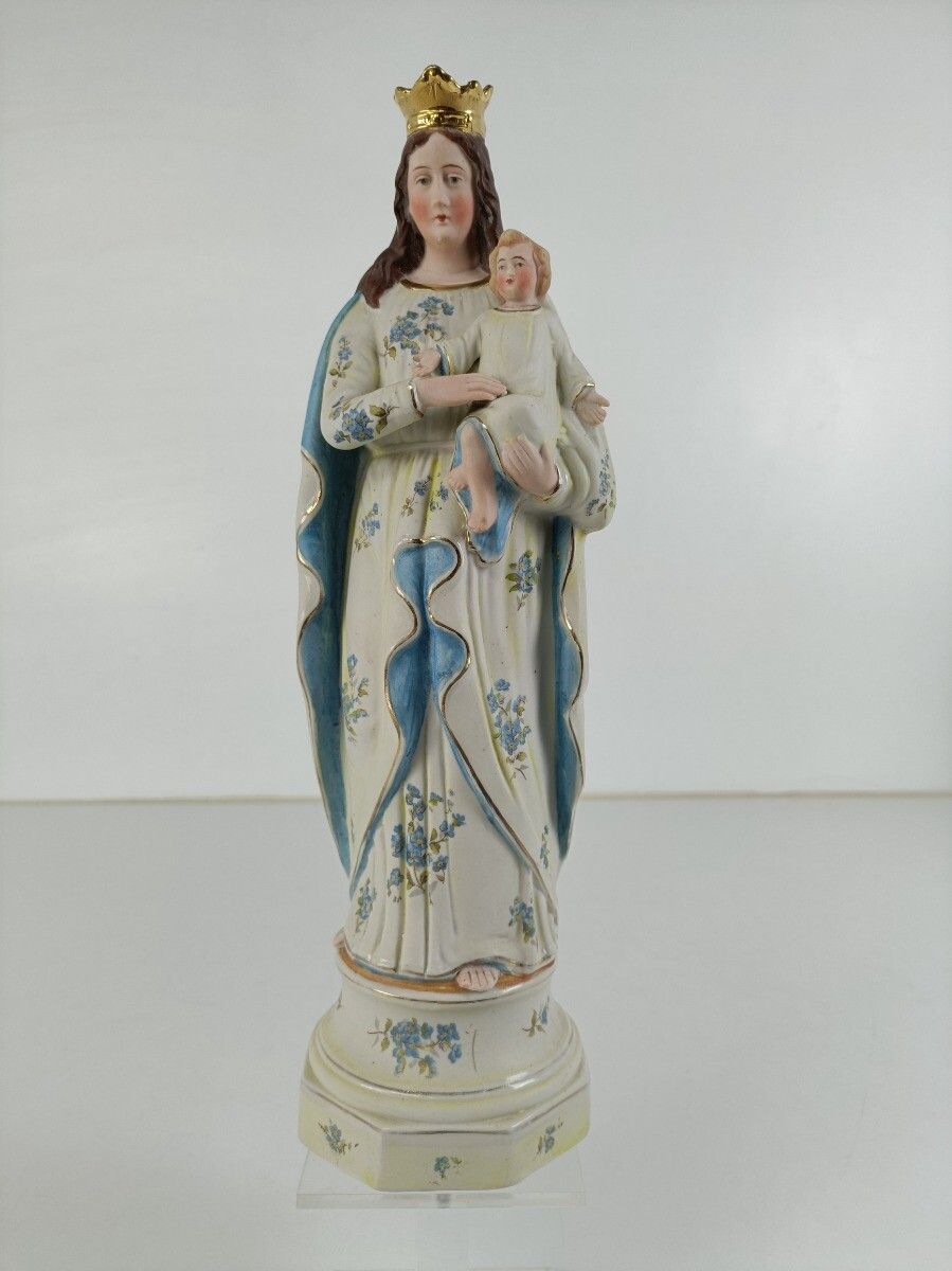 Bisque Porcelain Antique Statue Virgin Mary Madonna With Infant Child Pastel Blu photo for sale