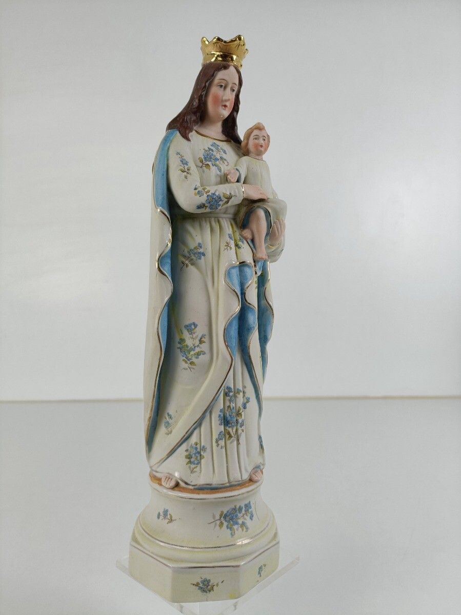 Bisque Porcelain Antique Statue Virgin Mary Madonna With Infant Child Pastel Blu photo Art