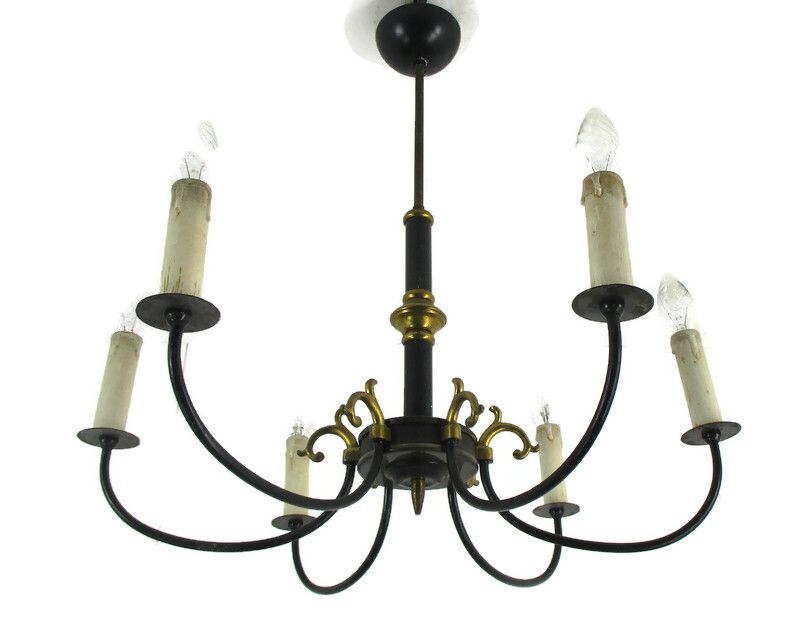6 Arms Lights Pan Chandelier Revival French Vintage Modernist Brass