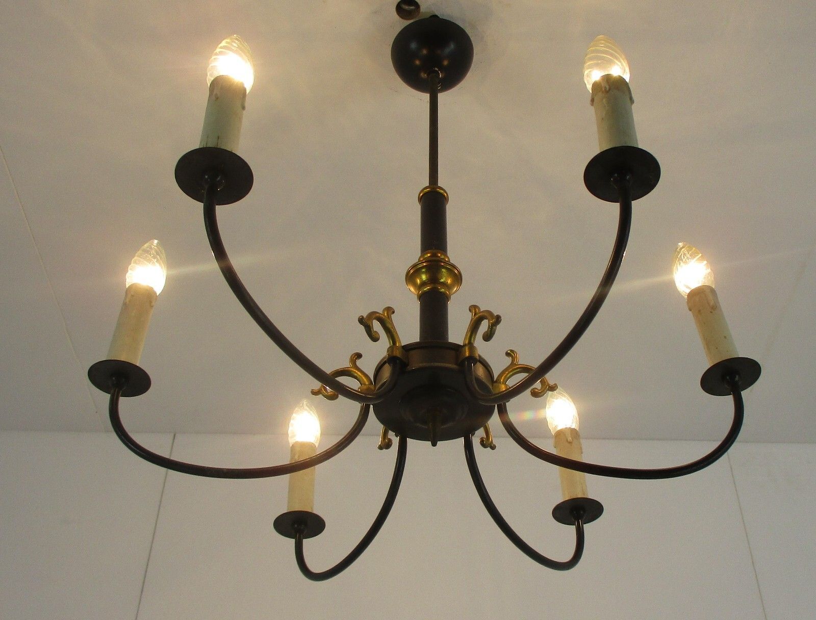 6 Arms Lights Pan Chandelier Revival French Vintage Modernist Brass photo 278.0