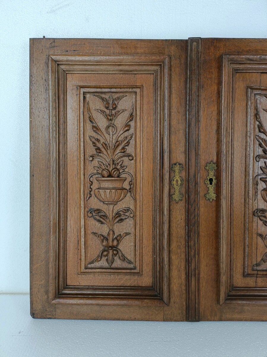 Pair French Hand Carved Wood Oak Door Panels Reclaimed Architectural Flower Bask photo for sale