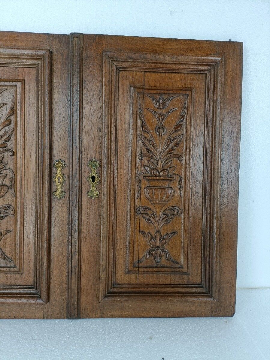 Pair French Hand Carved Wood Oak Door Panels Reclaimed Architectural Flower Bask photo Home Fixtures