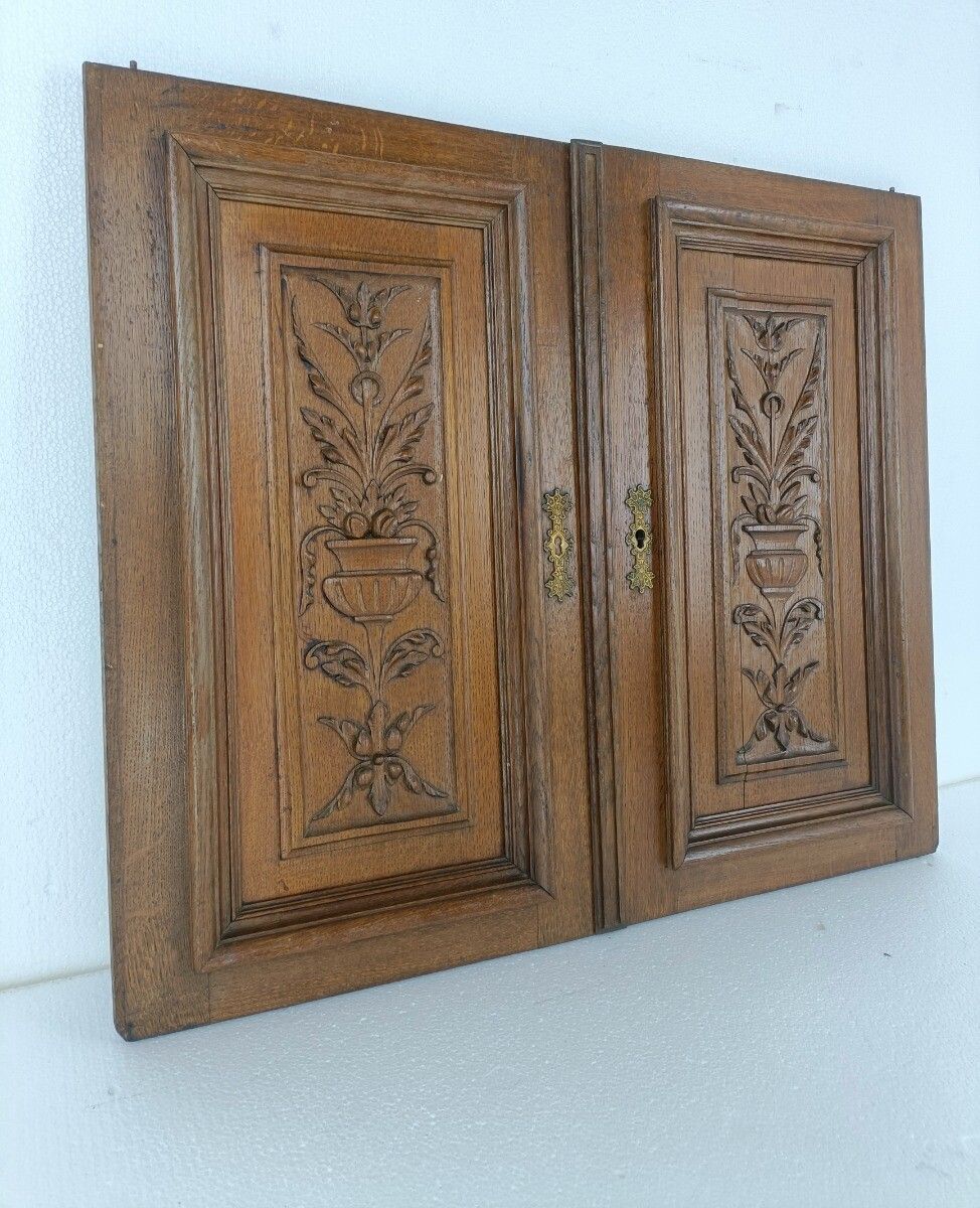 Pair French Hand Carved Wood Oak Door Panels Reclaimed Architectural Flower Bask photo 344.0