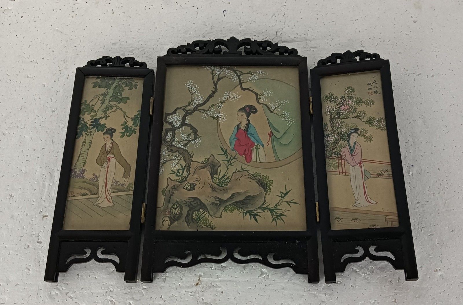 Chinese Small Triptych Vintage Wood Chinese Prints Dollhouse Miniature Screen photo buy