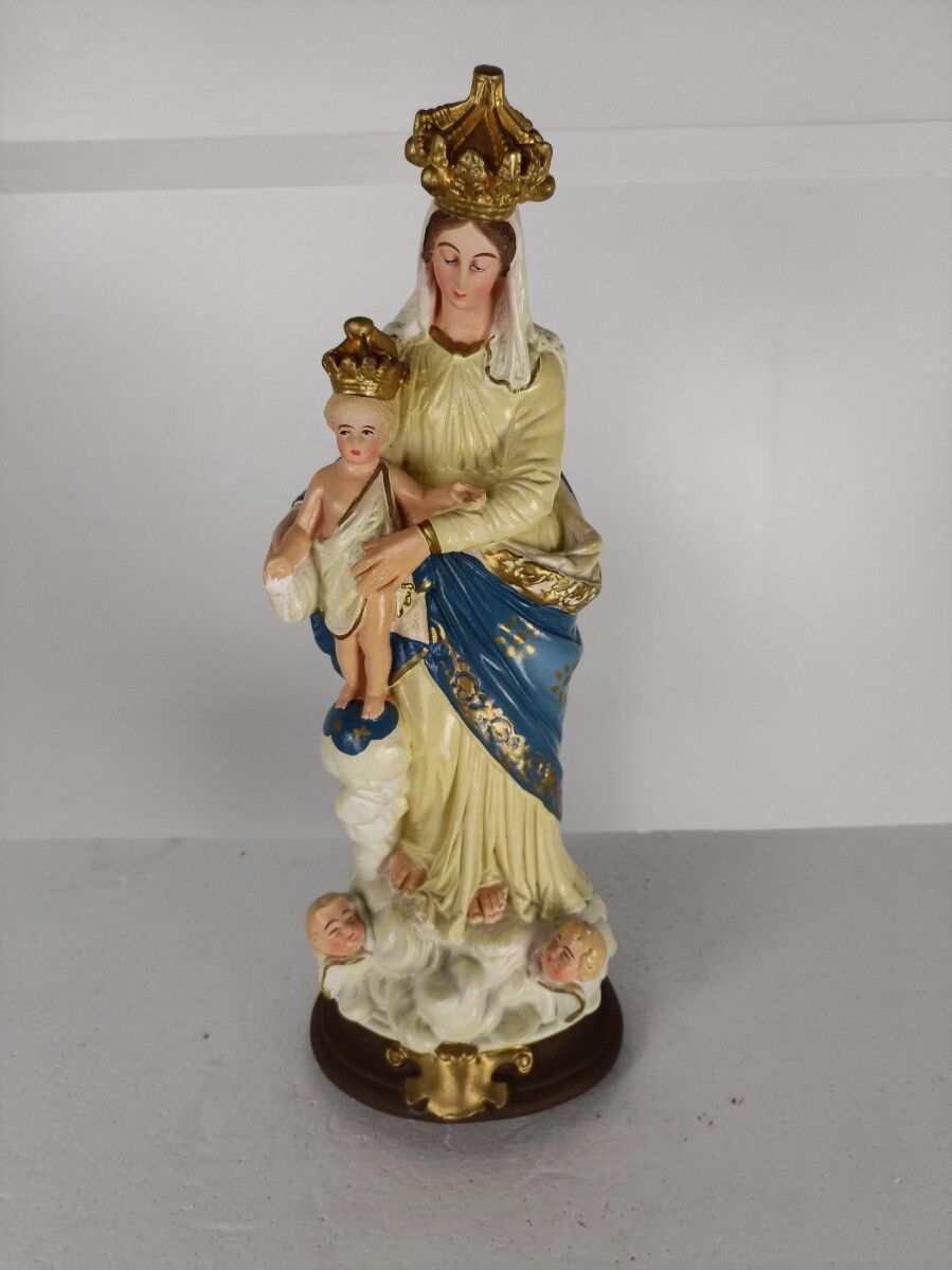 Antique Neo Gothic Statue Plaster Polychrome Our Lady Of Victory With Infant Ang photo furniture