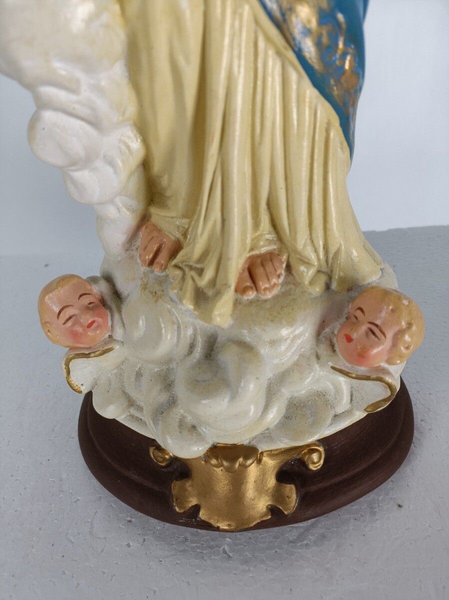 Antique Neo Gothic Statue Plaster Polychrome Our Lady Of Victory With Infant Ang photo Art