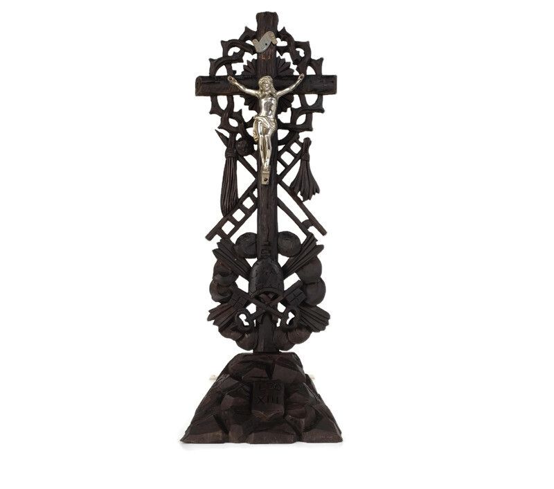Standing Crucifix Wood Spelter Corpus Hand Carved Tools Of Passion Vintage Jesus