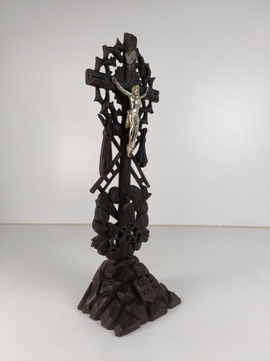 Standing Crucifix Wood Spelter Corpus Hand Carved Tools Of Passion Vintage Jesus photo for sale
