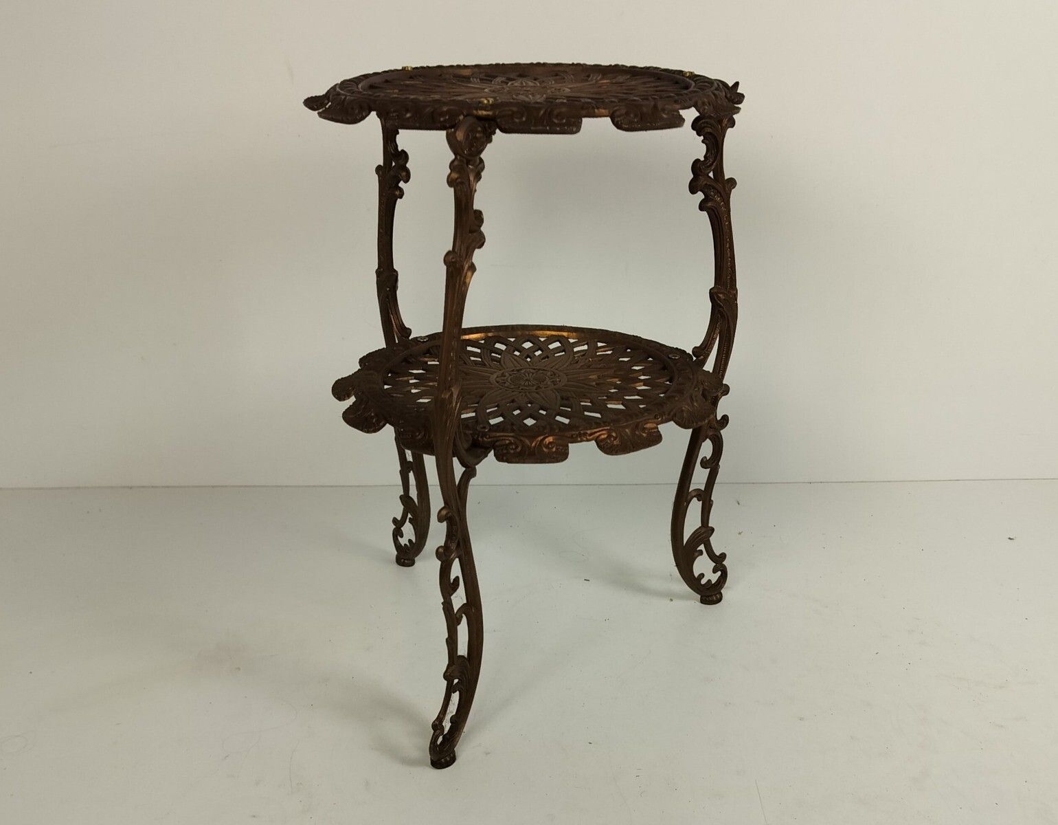 Brass Ornate Pedestal Vintage Copper Coated Two Tier Side Table Plant Stand photo furniture