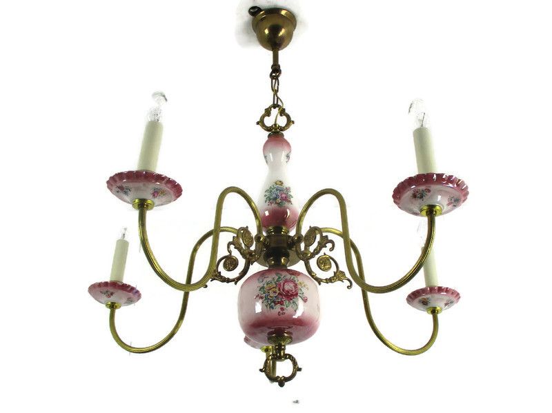 Chandelier 5 Arms Lights Ceramic Porcelain Ceramic Brass Italian Pink  Flowers