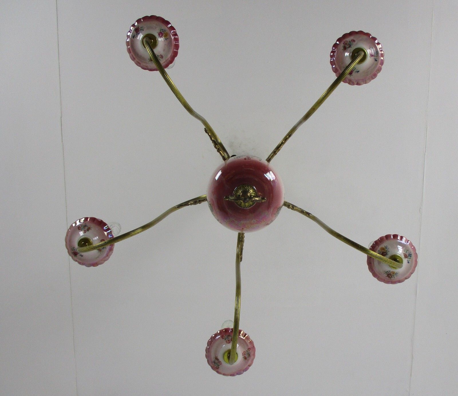 Chandelier 5 Arms Lights Ceramic Porcelain Ceramic Brass Italian Pink  Flowers photo vintage