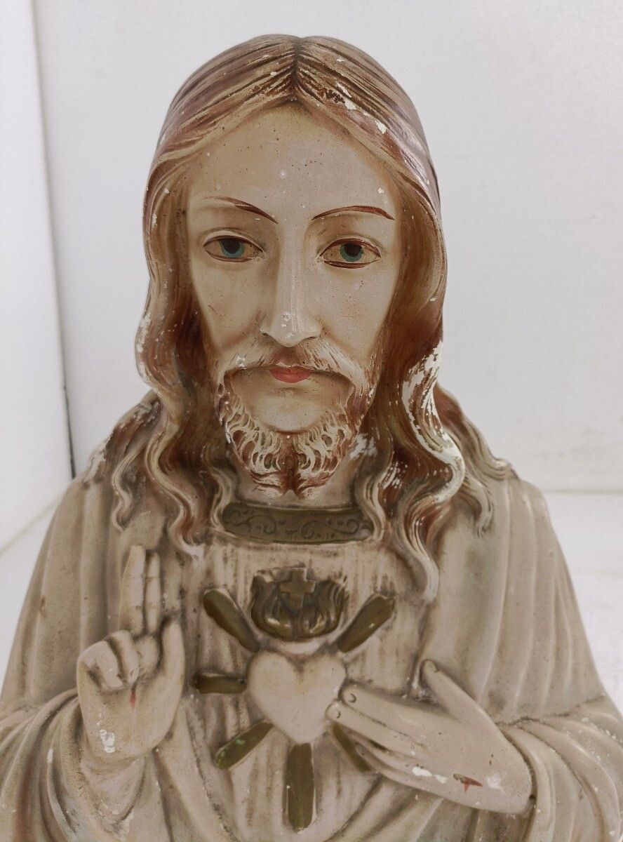 Antique Plaster French Bust Jesus Christ Statue Sacred Heart Art Deco Polychrome photo furniture