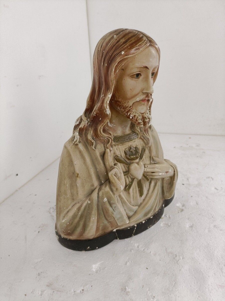 Antique Plaster French Bust Jesus Christ Statue Sacred Heart Art Deco Polychrome photo 244.0