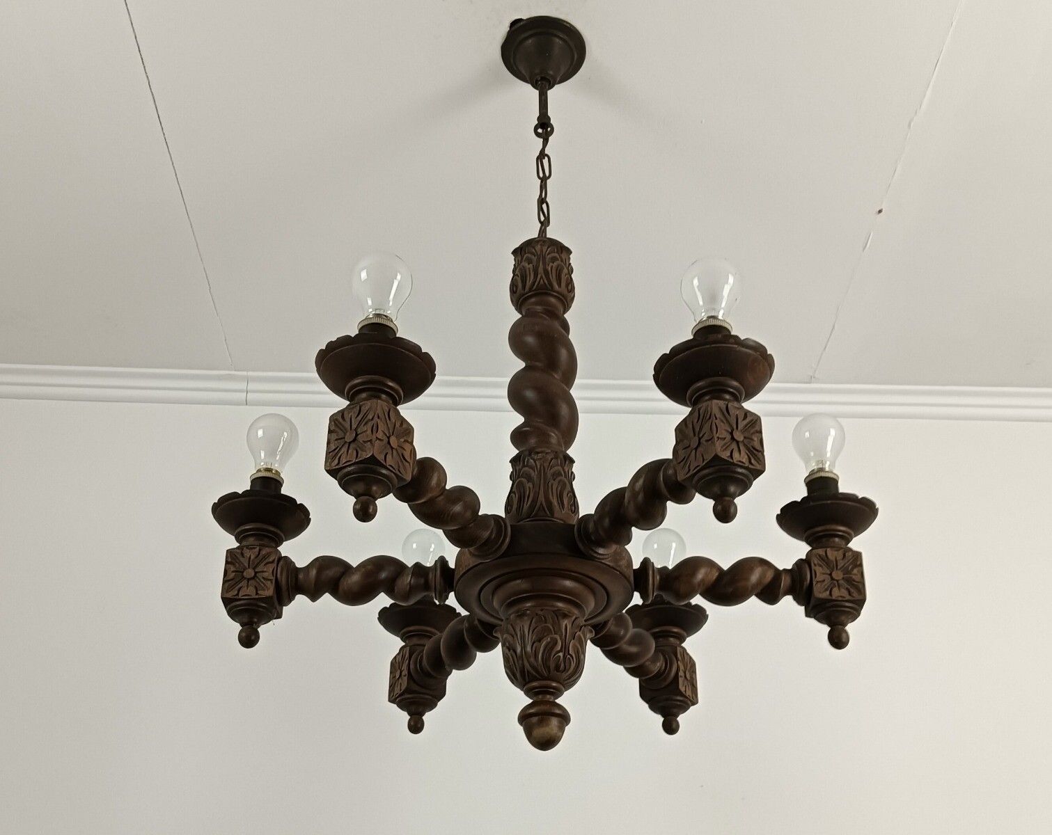 Lighting Wooden Vintage Carved Wood Barley Twist Chandelier Ornate Farmhouse Style Barn photo