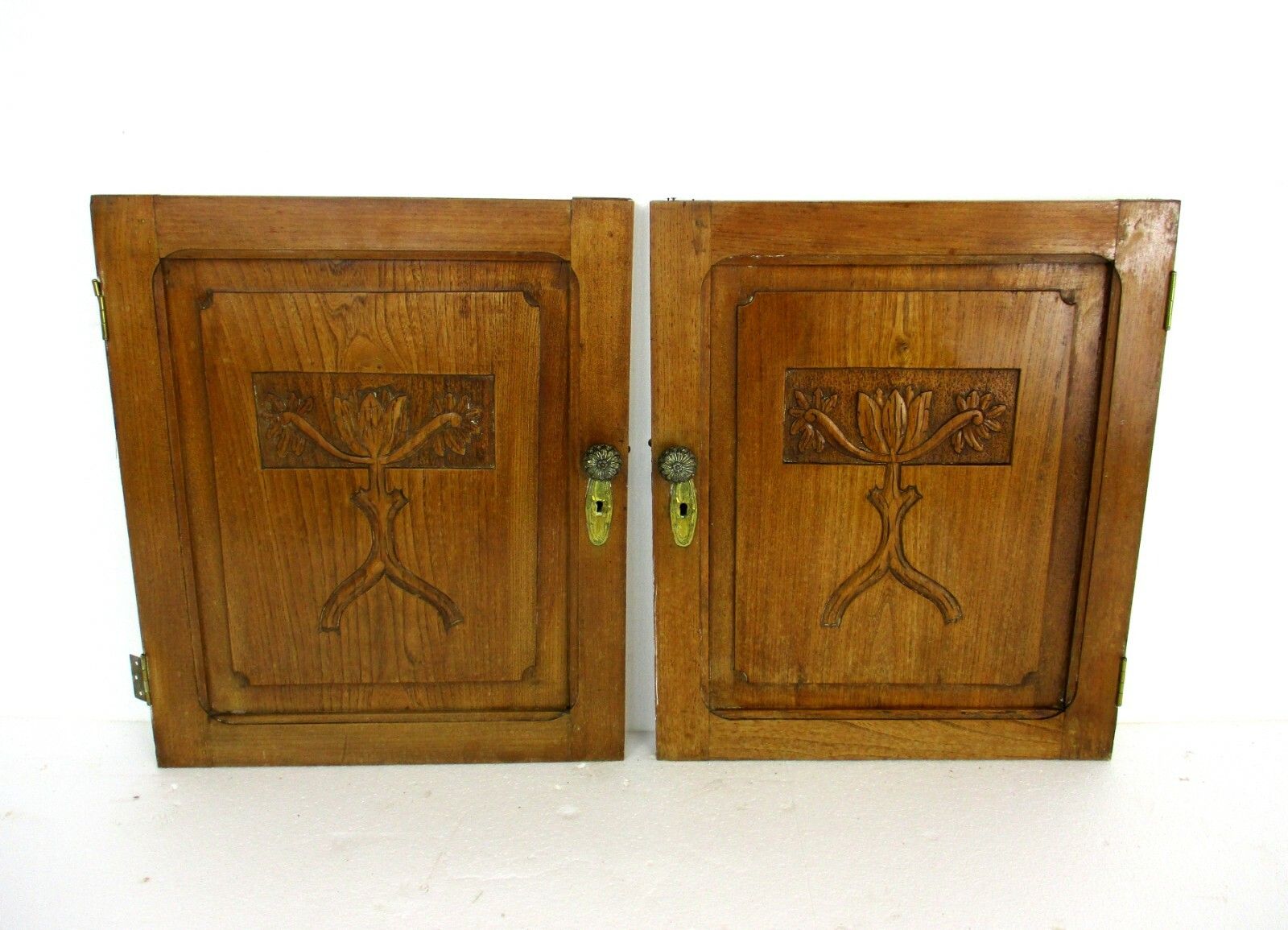 Pair Antique Hand Carved Wood Door Panels Reclaimed Architectural Trees photo furniture