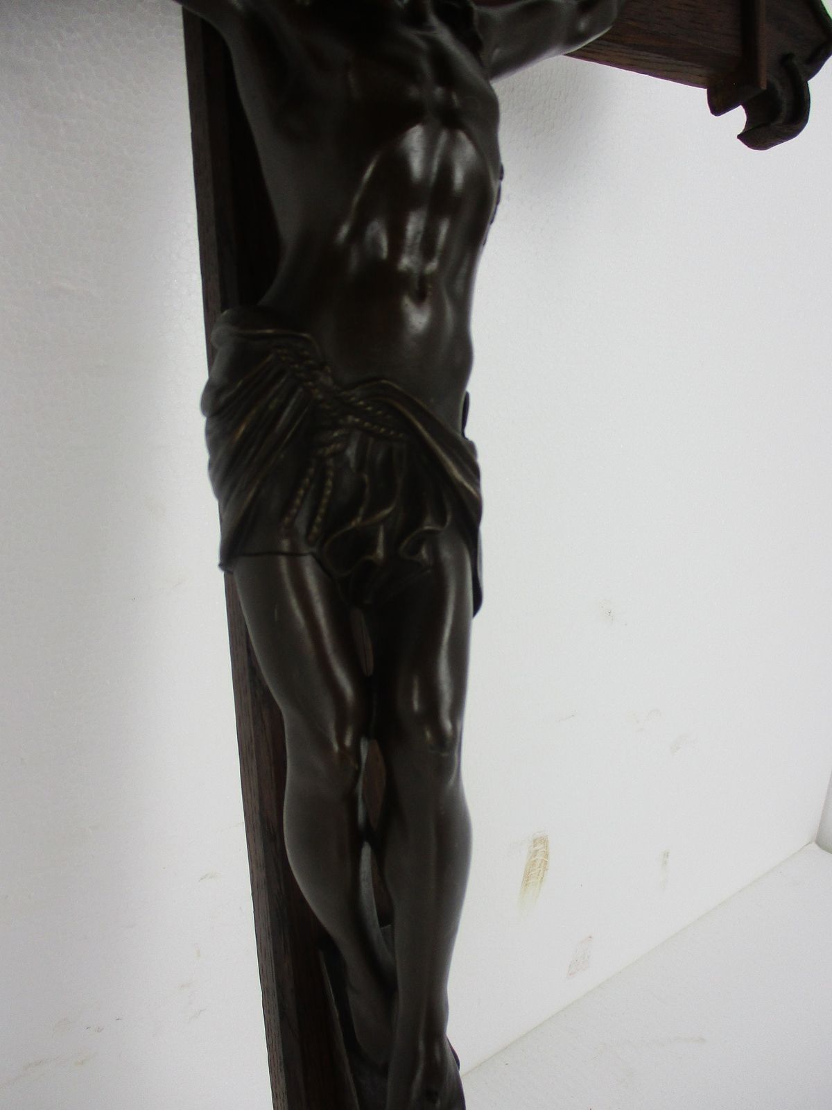 Large French Oak Hanging Church Crucifix Cross Jesus Christ Bronze Stunning Art photo for sale