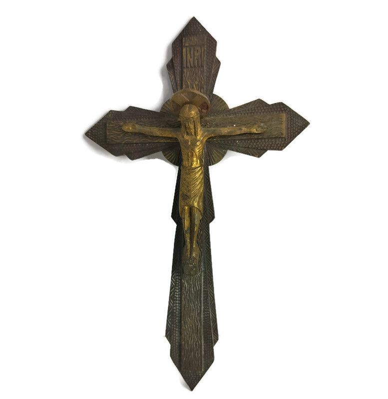 Vintage Ornate Brass  Wall Hanging Crucifix French Ayez Pitie De Nous Cross