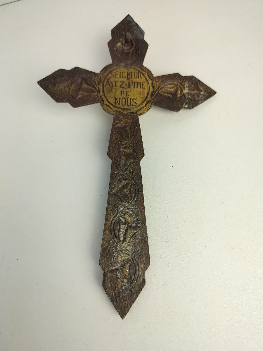 Vintage Ornate Brass  Wall Hanging Crucifix French Ayez Pitie De Nous Cross photo 97.0