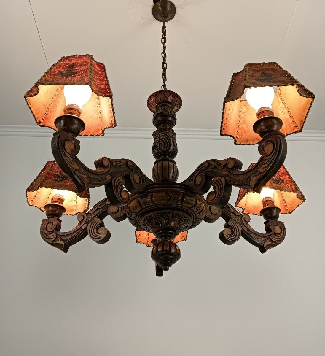 Vintage Hand Carved Wooden Chandelier With Hoods Modernist 5 Lights Barn Style photo Lighting