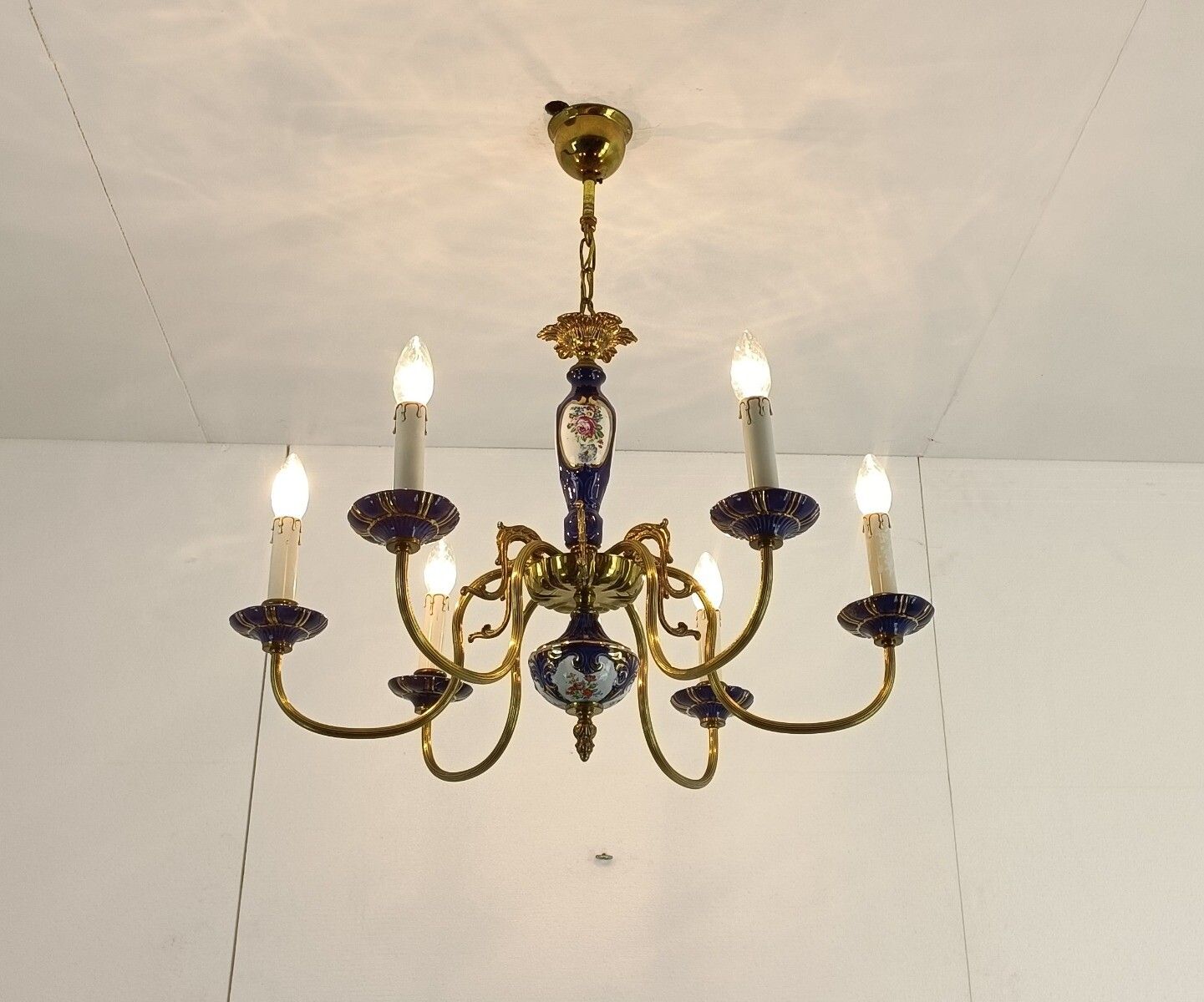 Italian Porcelain Chandelier Cobalt Blue Italy Vintage 6 Lights 6 Arm photo furniture