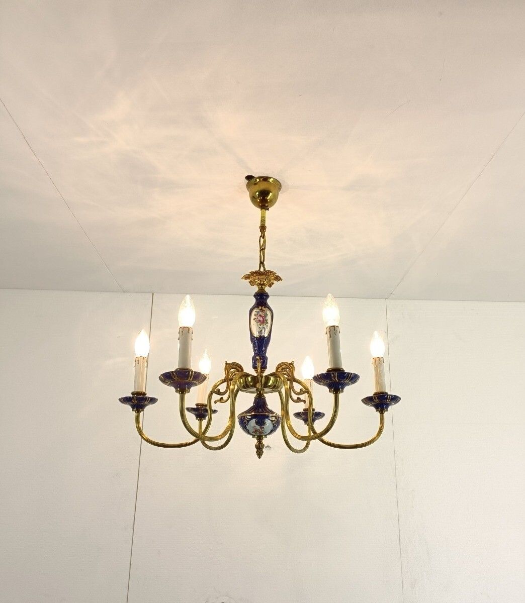 Italian Porcelain Chandelier Cobalt Blue Italy Vintage 6 Lights 6 Arm photo for sale