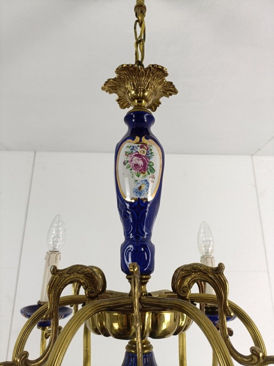 Italian Porcelain Chandelier Cobalt Blue Italy Vintage 6 Lights 6 Arm photo vintage