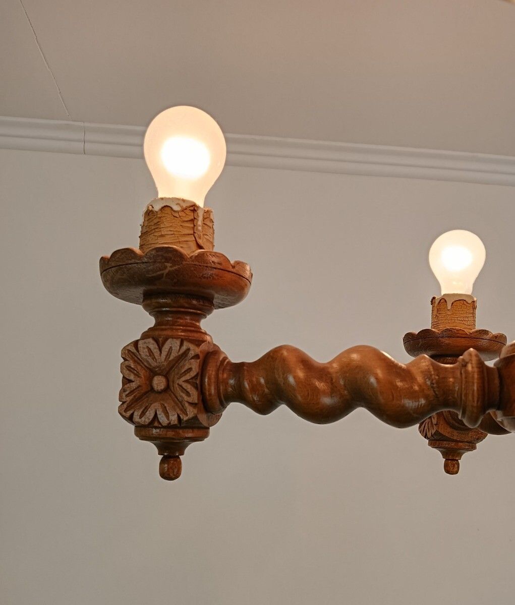 Barley Twist Carved Wooden Wood Chandelier Ornate Gorgeous 6 Lights Arm Farmhous photo furniture