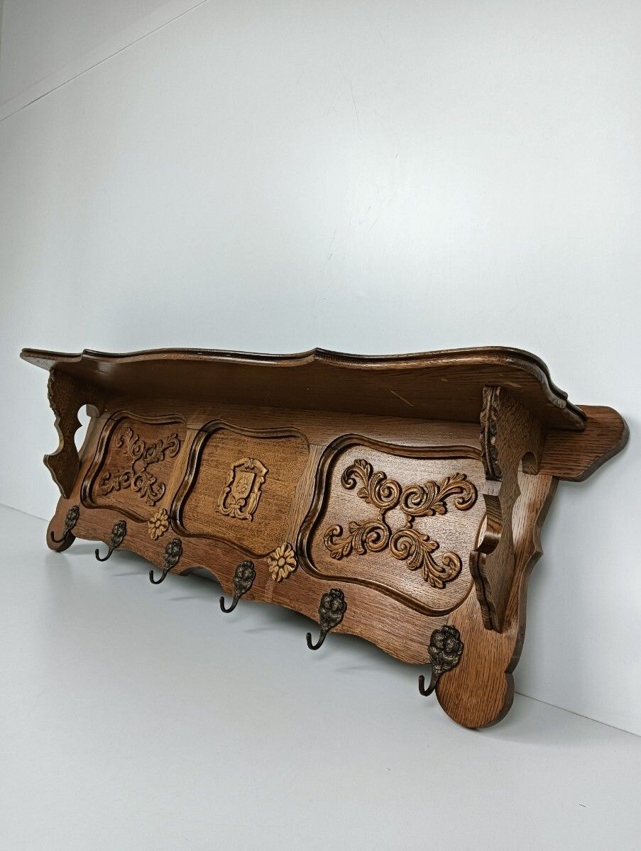 Large Carved Wooden Coat Hat Rack Antique Ornate Flower Pattern Hallway Farmhous photo furniture
