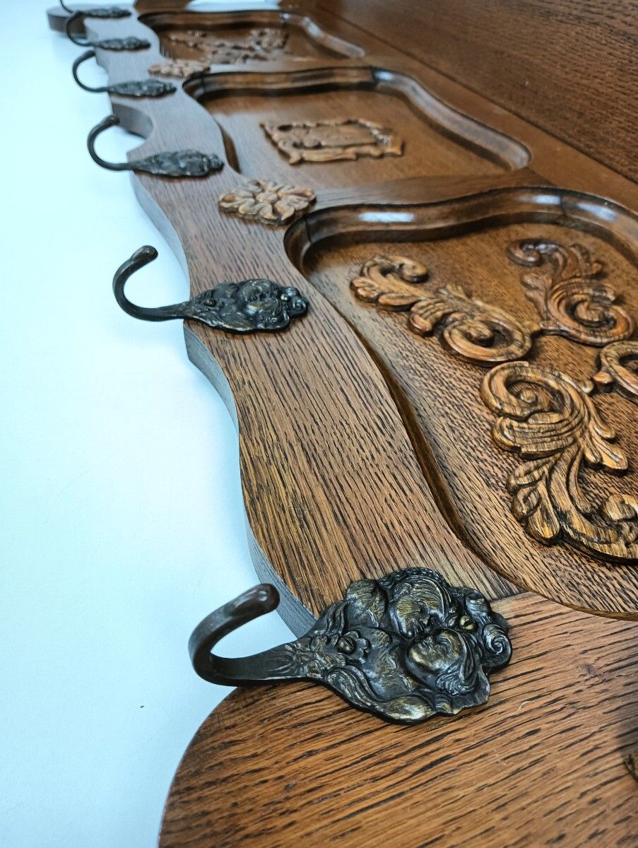 photo furniture Large Carved Wooden Coat Hat Rack Antique Ornate Flower Pattern Hallway Farmhous