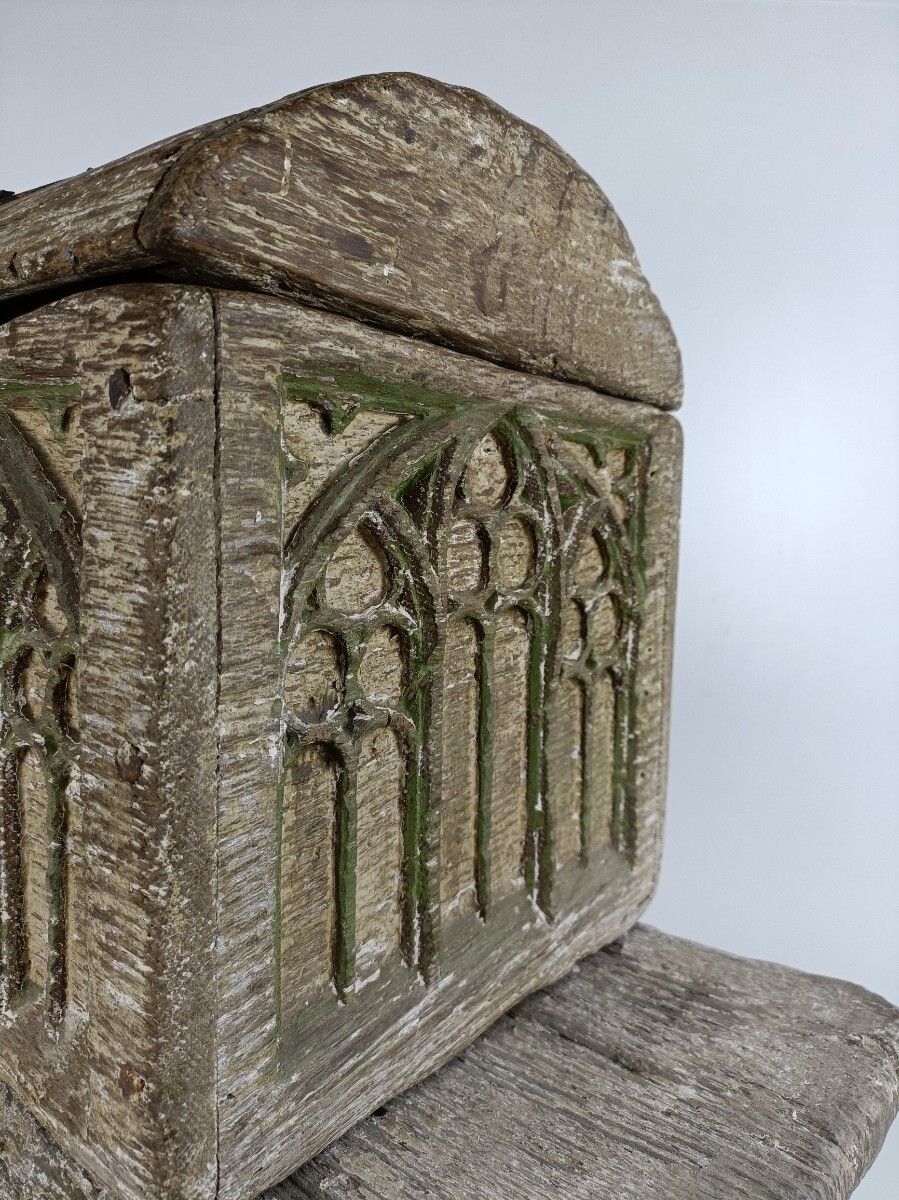 Gothic Antique 18th Century Carved Wooden Set Chest And Bench Polychrome Wow photo for sale