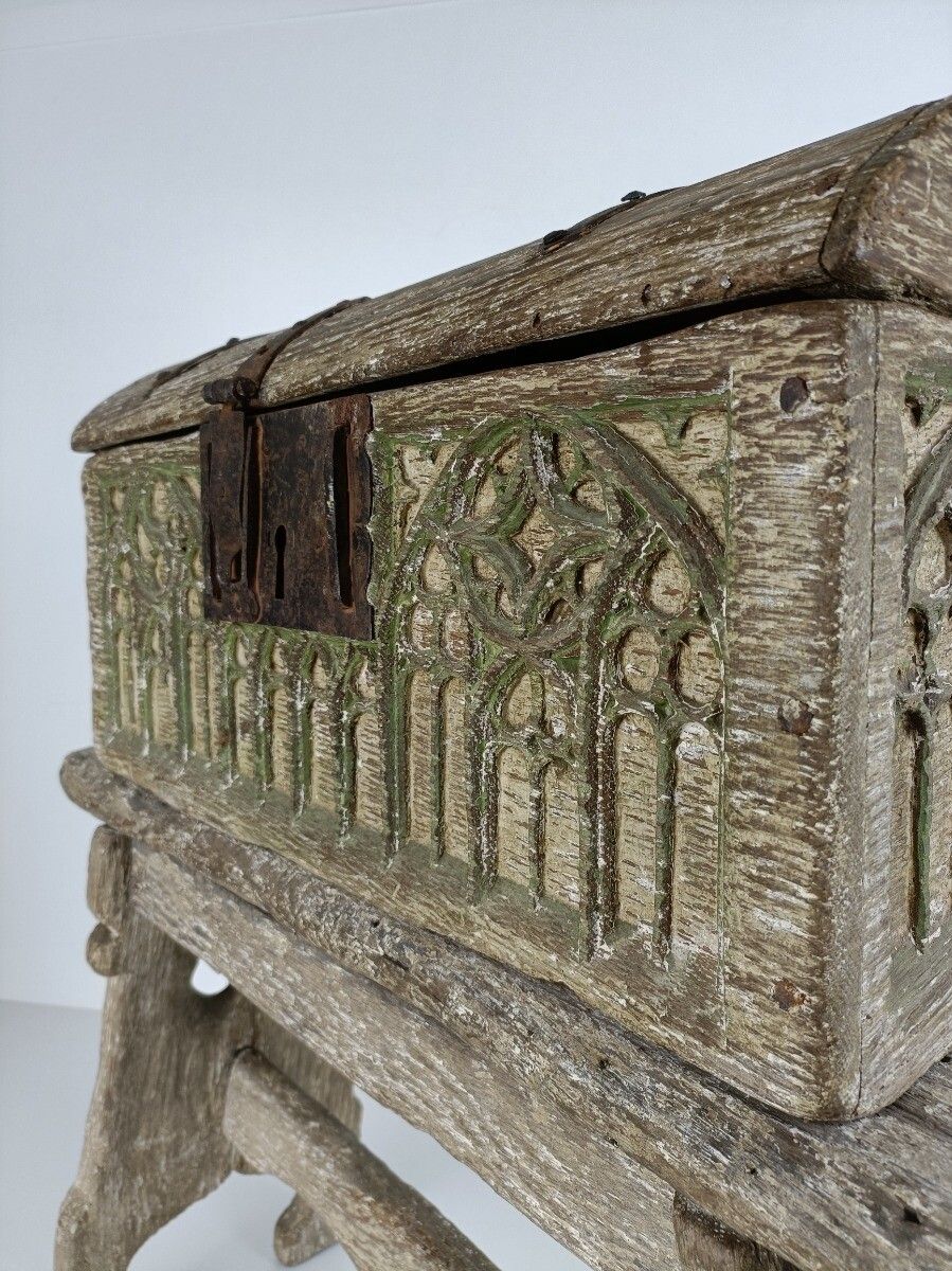 Gothic Antique 18th Century Carved Wooden Set Chest And Bench Polychrome Wow photo Furniture