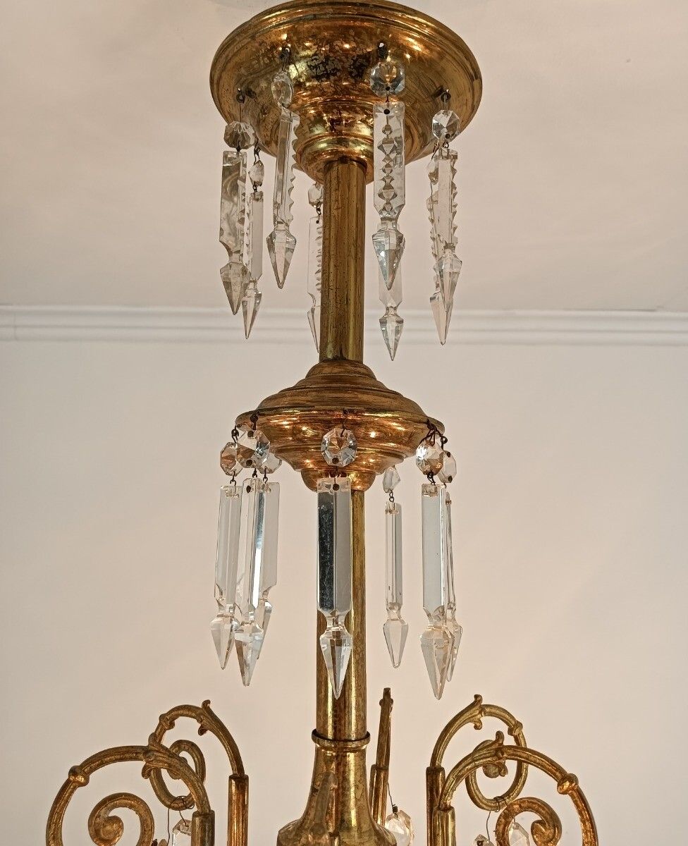 French Antique Chandelier Bronze Dore With Prisms And Bobeches From Portieux 19t photo Lighting