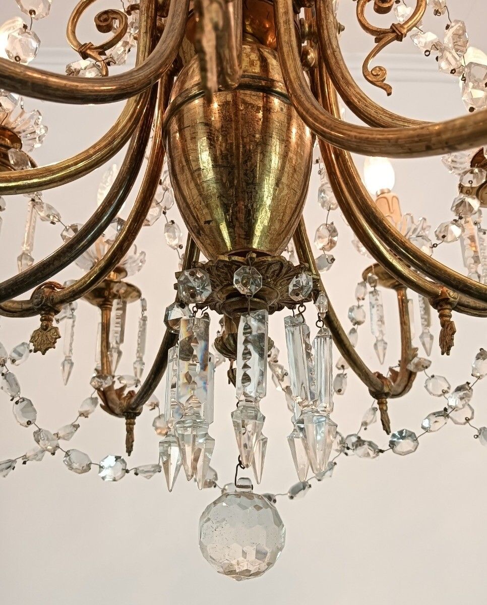 French Antique Chandelier Bronze Dore With Prisms And Bobeches From Portieux 19t photo vinterior