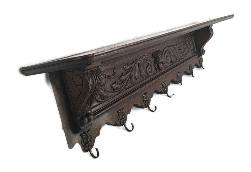 Hand Carved Wood Coat Hat Kitchen Hallway Rack Antique  Breton Style Figurines W