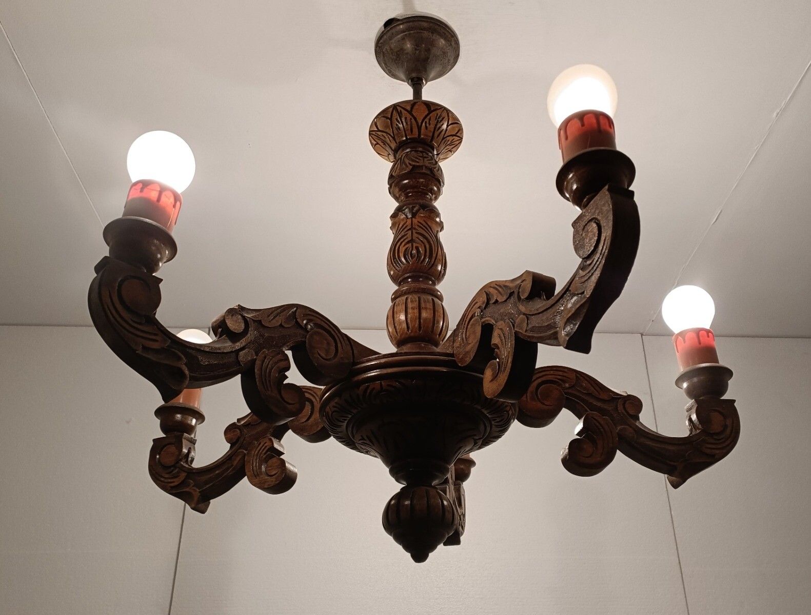Hand Carved Wooden Chandelier 5 Arm 5 Lights Vintage Modernist Barn Style Farmho photo for sale