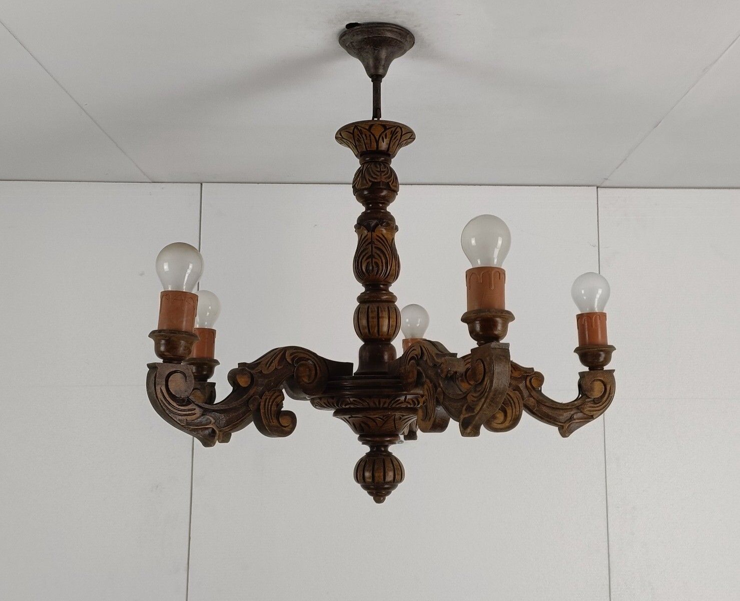Hand Carved Wooden Chandelier 5 Arm 5 Lights Vintage Modernist Barn Style Farmho photo Lighting