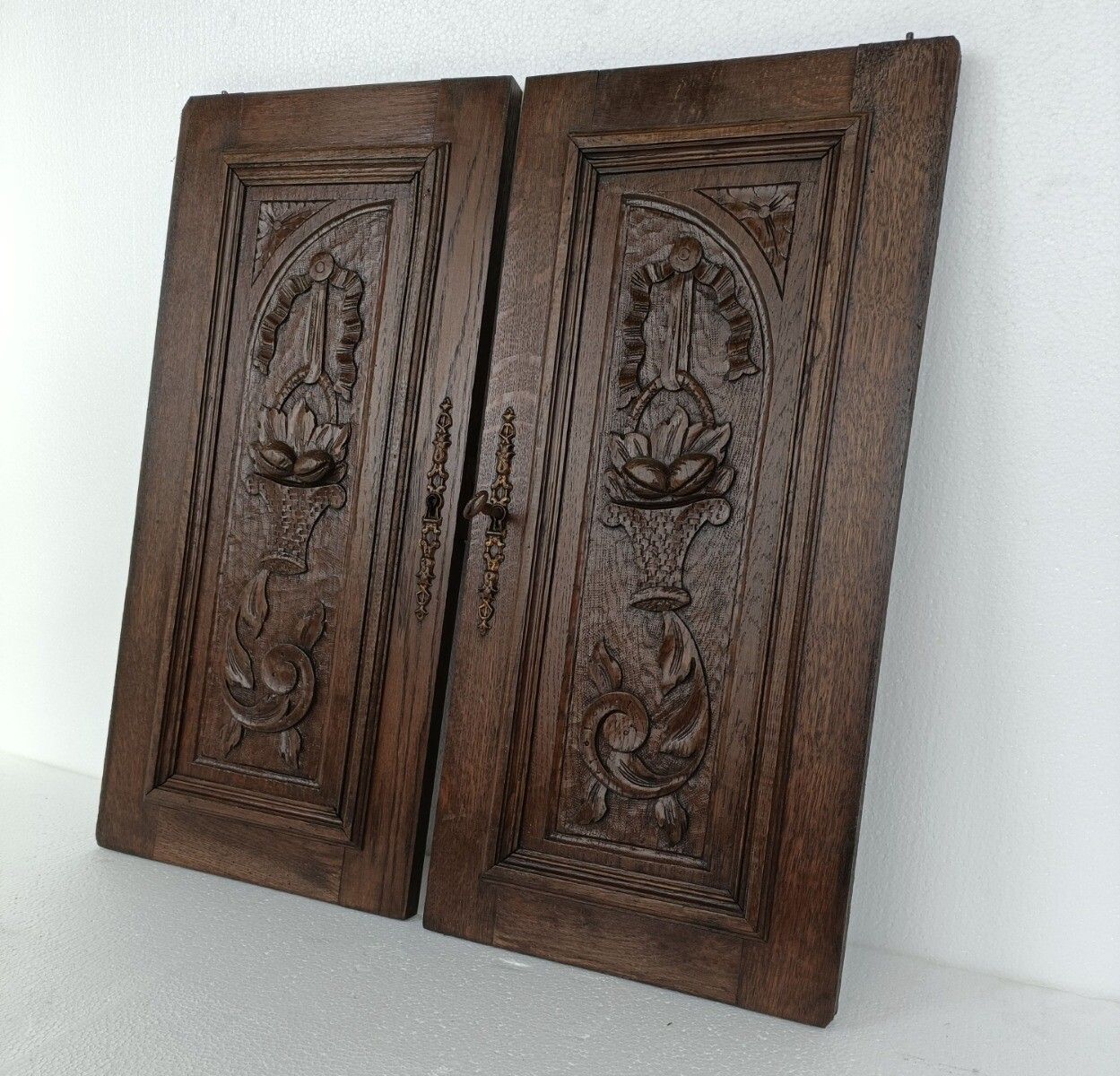 Pair Antique French Hand Carved Wood Oak Door Panels Reclaimed Architectural Flo photo furniture