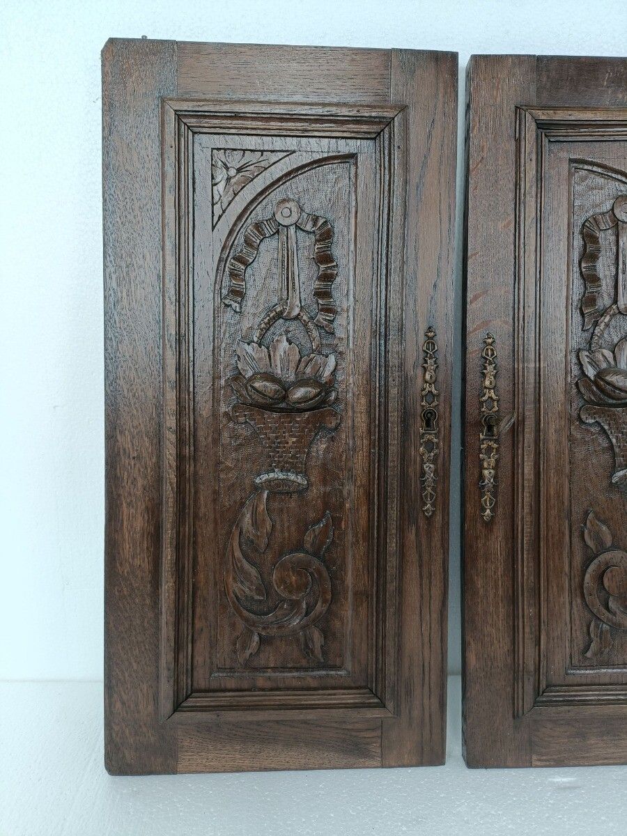 Pair Antique French Hand Carved Wood Oak Door Panels Reclaimed Architectural Flo photo Home Fixtures