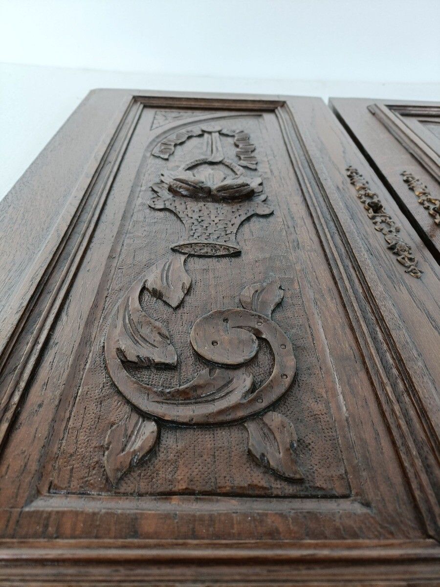 Pair Antique French Hand Carved Wood Oak Door Panels Reclaimed Architectural Flo photo vintage