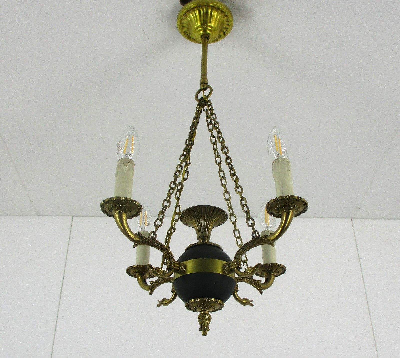 French Empire Pan Chandelier Green Tole Brass 4 Arms Hollywood Regency Ducks Htf photo for sale