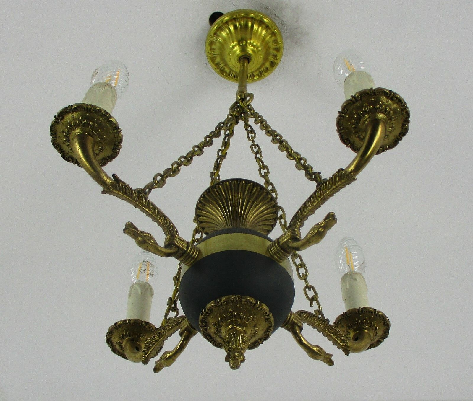 French Empire Pan Chandelier Green Tole Brass 4 Arms Hollywood Regency Ducks Htf photo vinterior